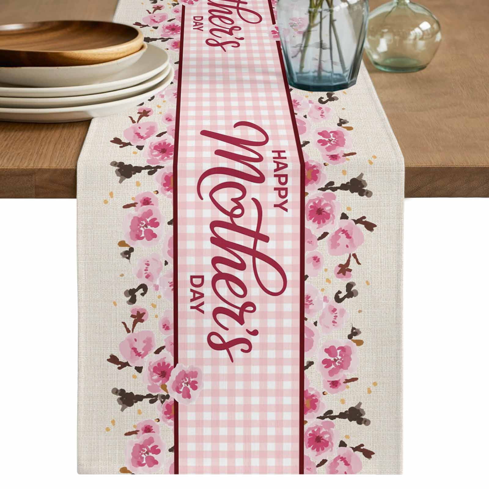 Happy Mother's Day Cotton Linen Table Runner for Dining Kitchen, Pink Floral Buffalo Plaid Burlap Wedding Outdoor Party Tablerunners Decoration, Dresser Scarf Coffee Tablecloth Runners 13x108 Inches