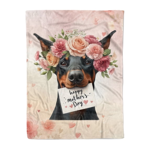 Happy Mother's Day Doberman Pinscher with Flower Crown and Greeting Card Cozy Fleece Blanket Doberman Dog Lover Gifts Warm Soft Throw Blanket - 13004