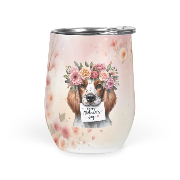 Happy Mother's Day English Setter with Flower Crown and Greeting Card 12oz Stainless Steel Wine Tumbler Insulated Cup with Lid Dog Lover - 13004