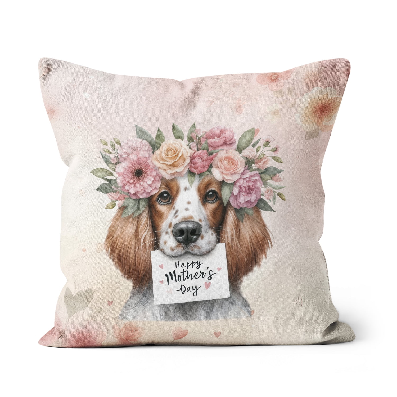 Happy Mother's Day English Setter with Flower Crown and Greeting Card Pillow Cushion Double Sided Dog Lover Throw Pillow - 13004
