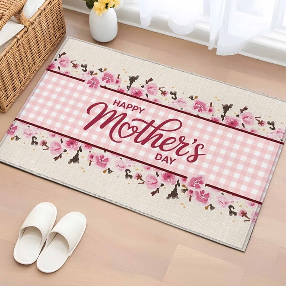 Happy Mother's Day Entryway Rug 2'x3' Non Slip Front Door Mats, Pink Floral Buffalo Plaid Burlap Entrance Rugs Indoor Outdoor Carpet, Washable Floor Mats Small Area Rug for Bedroom Kitchen