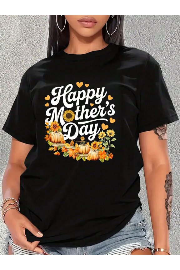 Happy Mother's Day Fall Autumn Sunflower Pumpkin Leaves Graphic T-Shirt Women's Cute Festive Mom Tee