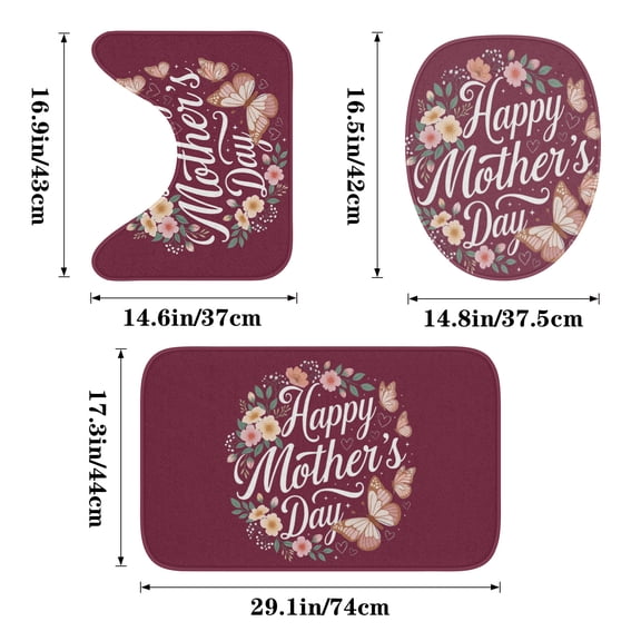 Happy Mother's Day Floral Butterfly 3pcs Bathroom Rug Set - Non-Slip Maroon Flannel Bath Mat