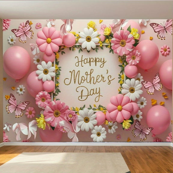 Happy Mother's Day Floral & Butterfly Party Banner - Pink & White Polyester Backdrop with Golden, Balloons & Decorative Elements for Home, Room, Wall, and Photo Decor,Party Backdrop