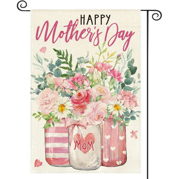 Happy Mother''s Day Floral Garden Flag 12x18 Inch Double Sided Outside, Carnations Mason Jar Burlap Yard Outdoor Decoration Gift