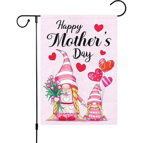 Happy Mother''s Day Garden Flag for Mom 12x18 Double Sided, Burlap Small Vertical Pink Gnome Garden Yard Flags for Spring Outside Outdoor House Mothers Day Decoration (ONLY FLAG)