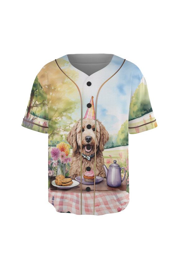 Happy Mother's Day Goldendoodle with Sweets and Flowers at a Picnic All Over Print 3D Baseball Shirt Doodle Dog Lover Gifts Idea Softball Sport - 13005