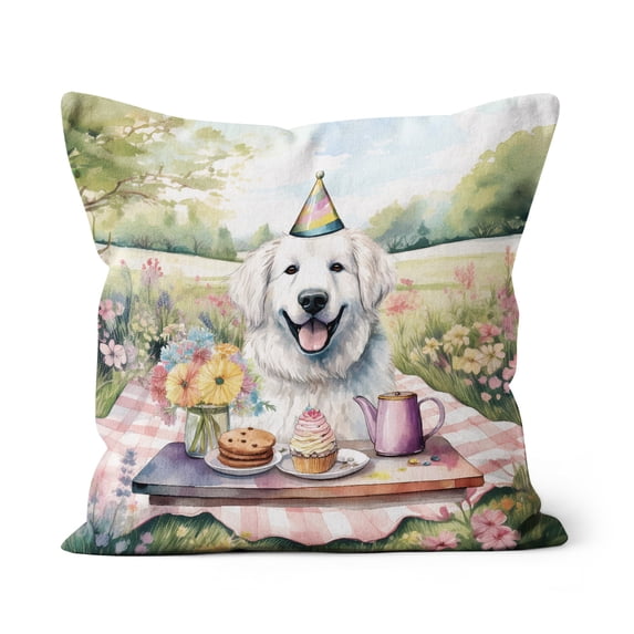 Happy Mother's Day Great Pyrenees with Sweets and Flowers at a Picnic Pillow Cushion Double Sided Pyr Dog Lover Throw Pillow - 13005