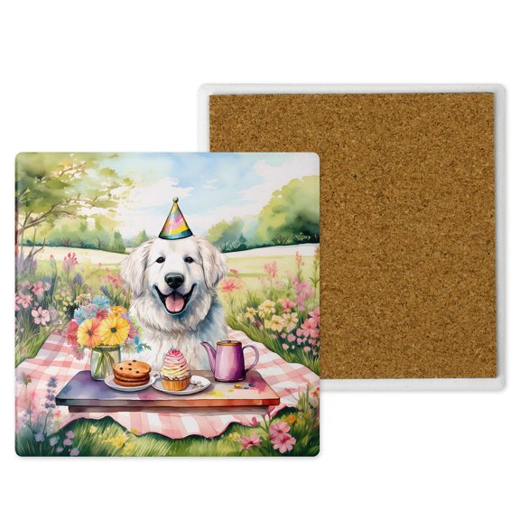 Happy Mother's Day Great Pyrenees with Sweets and Flowers at a Picnic Set of 4 Stone Coasters Pyr Dog Lover 4x4in Absorbent Soapstone Coaster - 13005