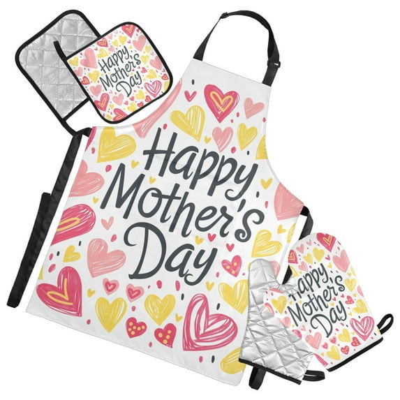 Happy Mother's Day Heart 5 Pcs Kitchen Set Heat Resistant Oven Mitts and Non-Slip Pot Holders with Adjustable Cooking Apron