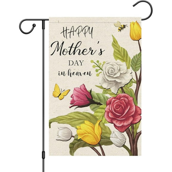 Happy Mother's Day in Heaven Garden Flag 12x18 Double Sided, Burlap Small Memorial Rose Floral Flower Garden Yard Flags Mom Mama Grandma Cemetery Decorations for Grave (ONLY FLAG)