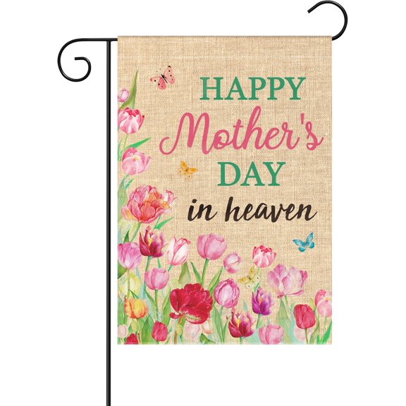 Happy Mother''s Day in Heaven Garden Flag, Grave Decorations Double Sided 12 x 18 Inch Linen Flag, Memorial Tulip Floral Butterflies Farmhouse Yard Mom Mama Grandma Cemetery Decor for Grave
