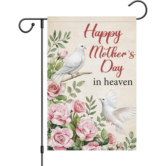 Happy Mother''s Day in Heaven Garden Flag Rose Flower White Dove 12x18 Inch Double Sided Floral Small Burlap Spring Holiday Yard Outdoor Outside Home House Decoration