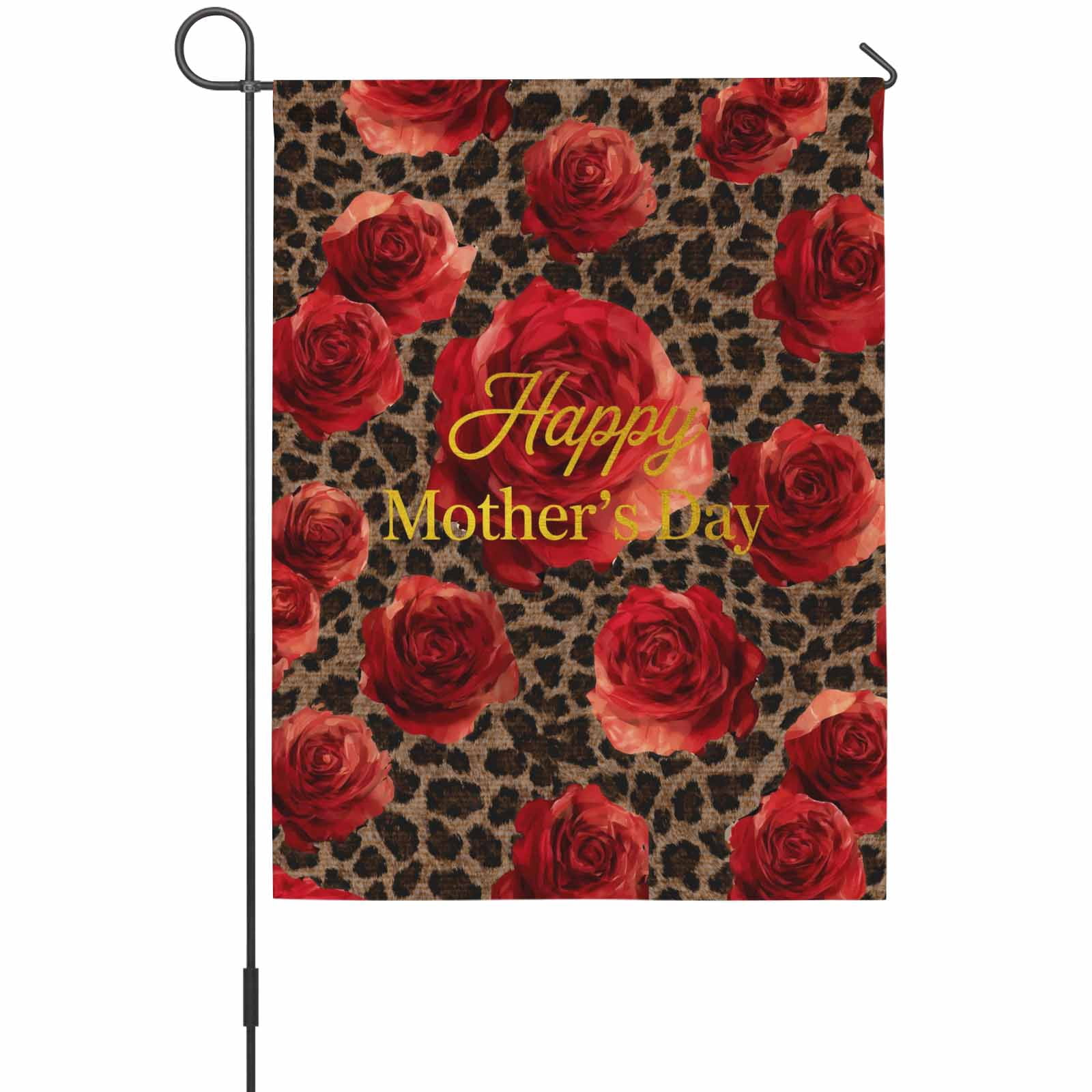 Happy Mother's Day House Flag 28 x 40 Inches, Red Roses Romantic Flower Brown Leopard Weather Proof Outdoor Patio Flags Double Sided Small House Decoration for Yard Lawn Outside Home