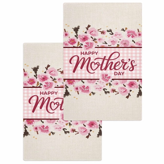 Happy Mother's Day Kitchen Dish Towels for Drying Dishes Set of 2, Pink Floral Buffalo Plaid Burlap Waffle Weave Microfiber Hand Tea Bathroom Towels Quick Dry & Absorbent Towel 15.7x23.6