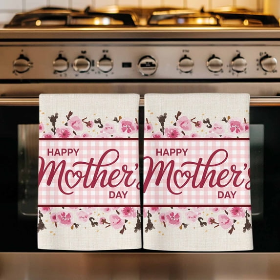 Happy Mother's Day Kitchen Towels Set of 1, Pink Floral Buffalo Plaid Burlap Absorbent Dish Towels for Kitchen, Microfiber Hand Towel, Quick Drying Tea Towel for Cleaning Decorative Dishcloths