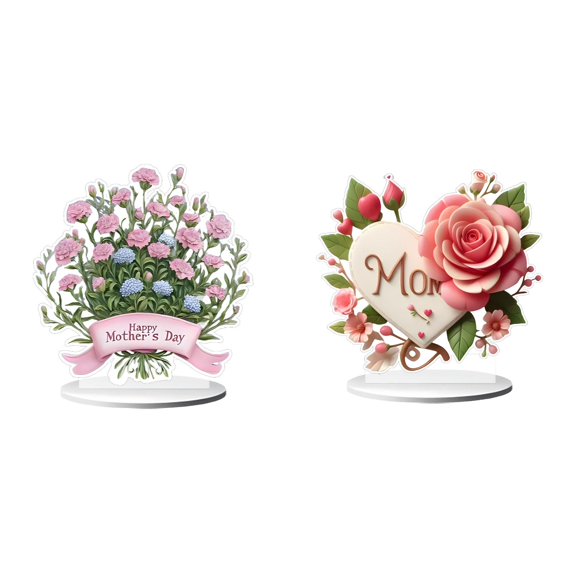 Happy Mother's Day Love Heart Flower Moon Ornament 2D Flat Acrylic Tabletop Centerpiece Decorations Exquisite Mother's Day Birthday Party Gift Home Supplies