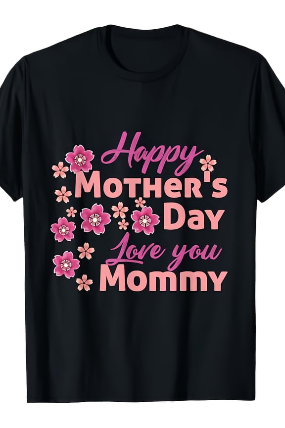 Happy Mother's Day Love You Mommy Floral Pink Blossom Graphic Tee, Sweet Loving Gift for Mom, Elegant Black Short Sleeve T-Shirt