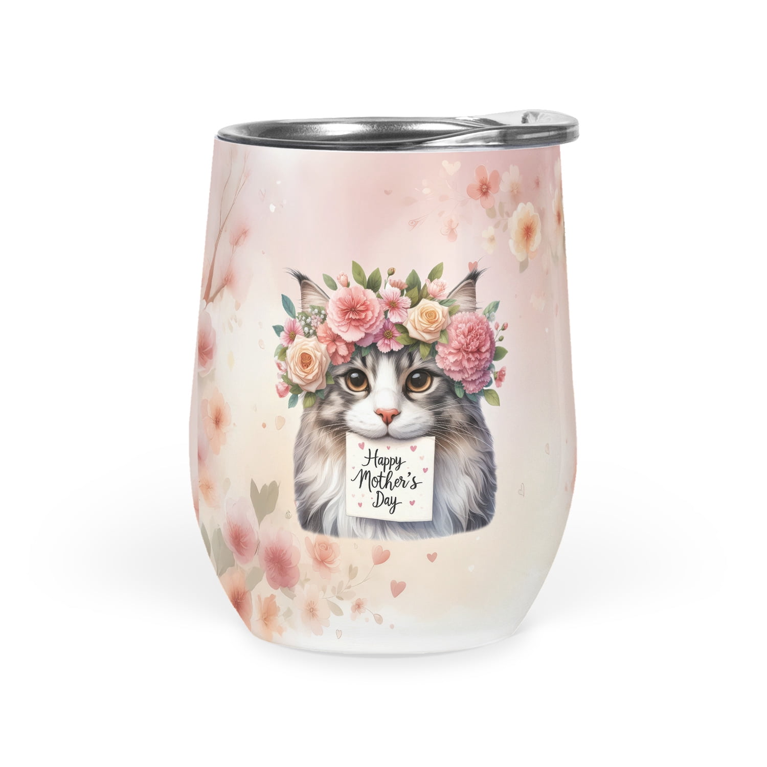 Happy Mother's Day Maine Coon with Flower Crown and Greeting Card 12oz Stainless Steel Wine Tumbler Insulated Cup with Lid Cat Lover Kitten Owner Gifts - 13004