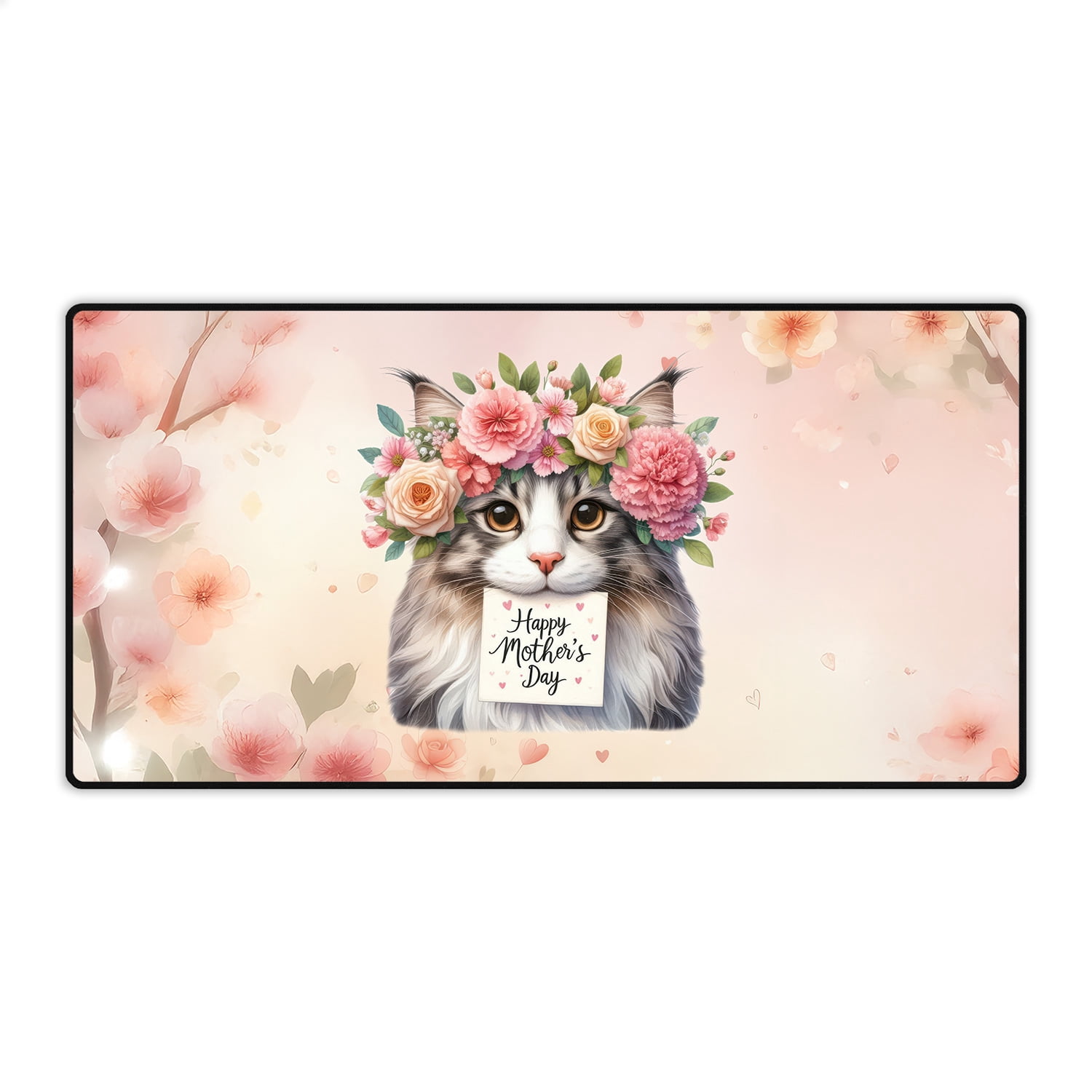 Happy Mother's Day Maine Coon with Flower Crown and Greeting Card Desk Mat Full Keyboard Mouse Pad Cat Lover Kitten Owner Gifts Large Mousepad - 13004