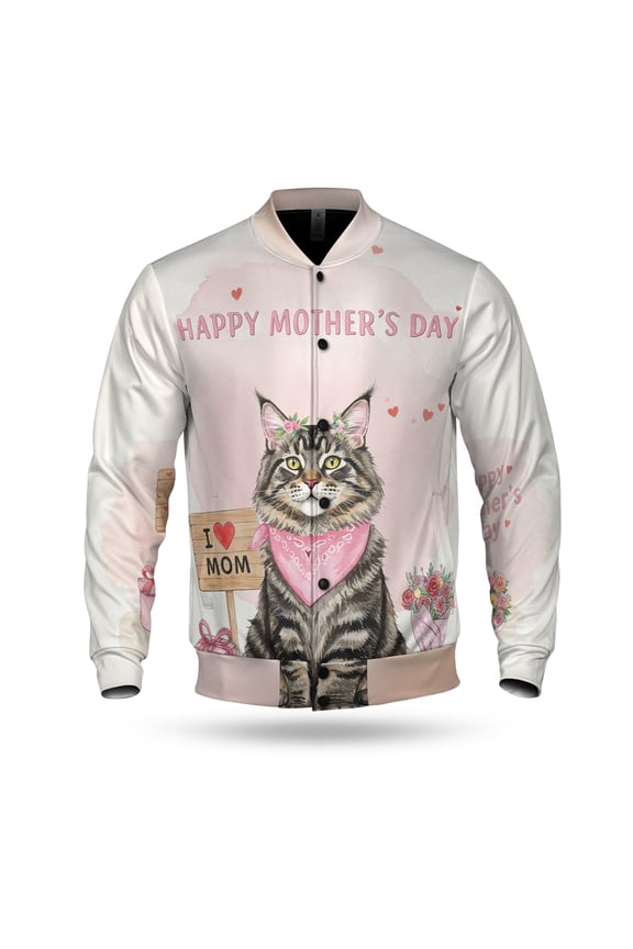 Happy Mother's Day Maine Coon Love Cat Mom Heart Flower All Over Print 3D Baseball Jacket Cat Lover Kitten Owner Gifts Bomber Jacket Softball - 12004
