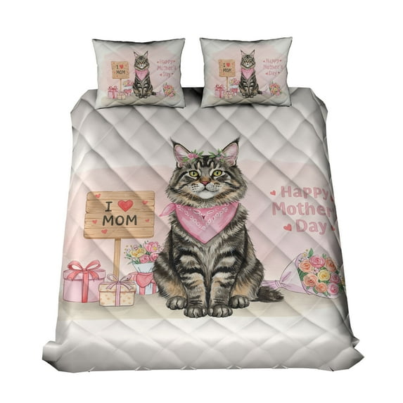 Happy Mother's Day Maine Coon Love Cat Mom Heart Flower Quilt Bedding Set Cat Lover Kitten Owner Gifts 1 Blanket Bed Cover 2 Pillowcases - 12004