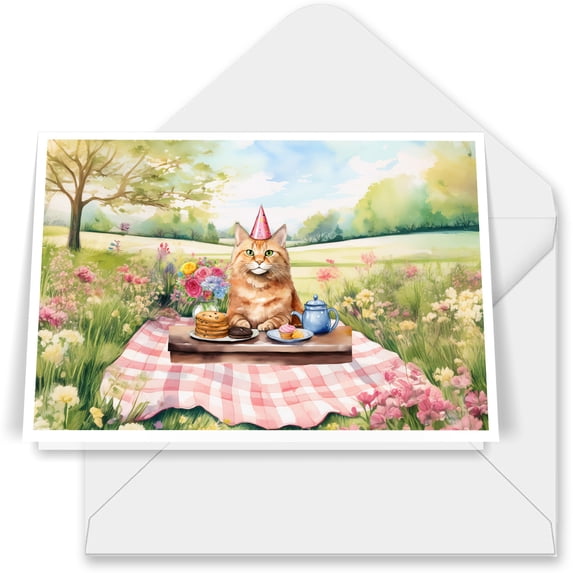 Happy Mother's Day Maine Coon with Sweets and Flowers at a Picnic 7x5in Folded Greeting Card Cat Lover Kitten Owner Gifts Single Note Card with Envelope - 13005