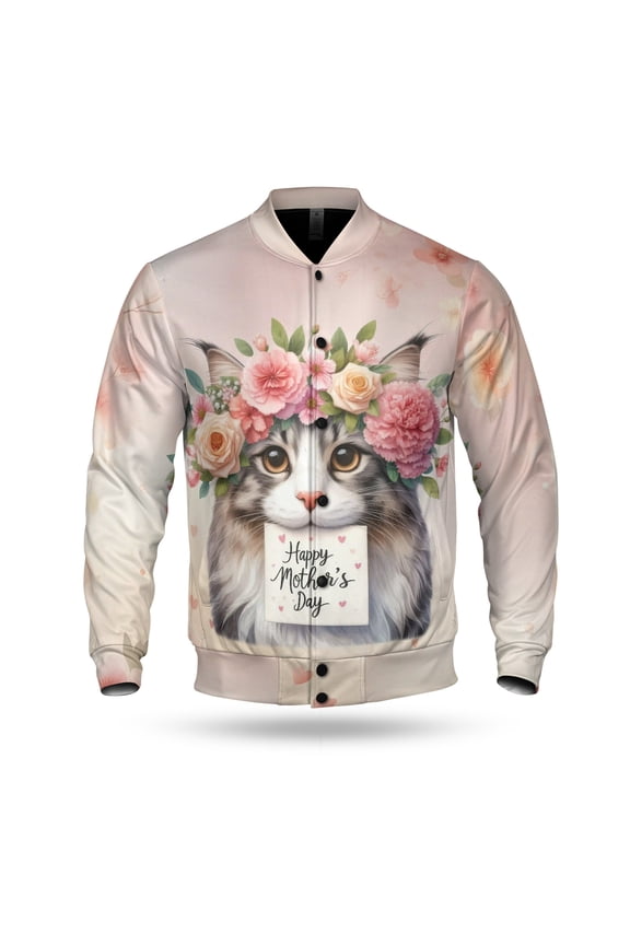 Happy Mother's Day Maine Coon with Flower Crown All Over Print 3D Baseball Jacket Cat Lover Kitten Owner Gifts Bomber Jacket Softball - 13004
