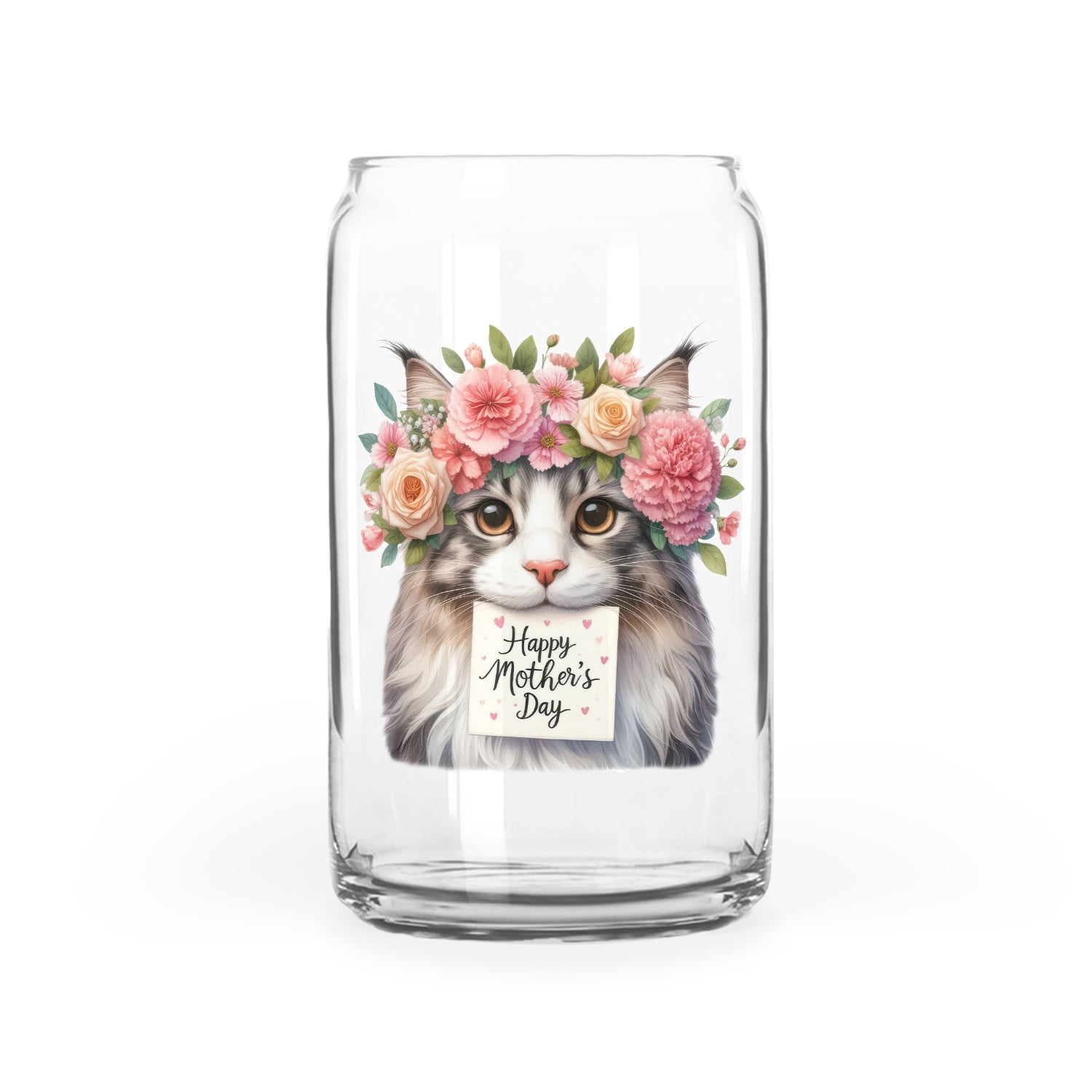 Happy Mother's Day Maine Coon with Flower Crown and Greeting Card 16oz Glass Cup Mug Cat Lover Kitten Owner Gifts Glass Can - 13004