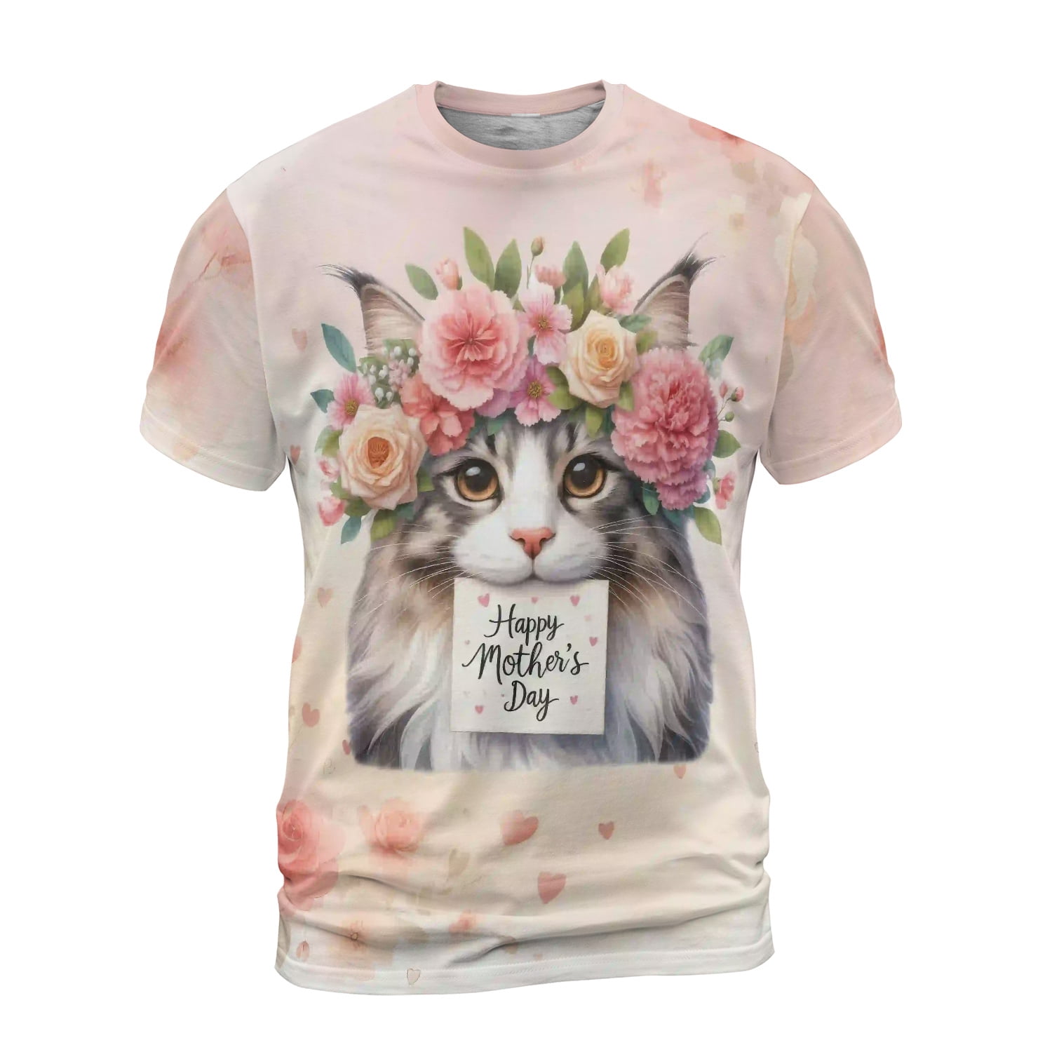 Happy Mother's Day Maine Coon with Flower Crown and Greeting Card All Over Print 3D Shirt Unisex Merch Cat Lover Kitten Owner Gifts - 13004