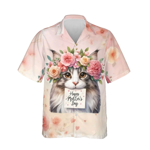 Happy Mother's Day Maine Coon with Flower Crown and Greeting Card Hawaiian Shirt Breathable Summer Unisex Merch Cat Lover Kitten Owner Gifts - 13004