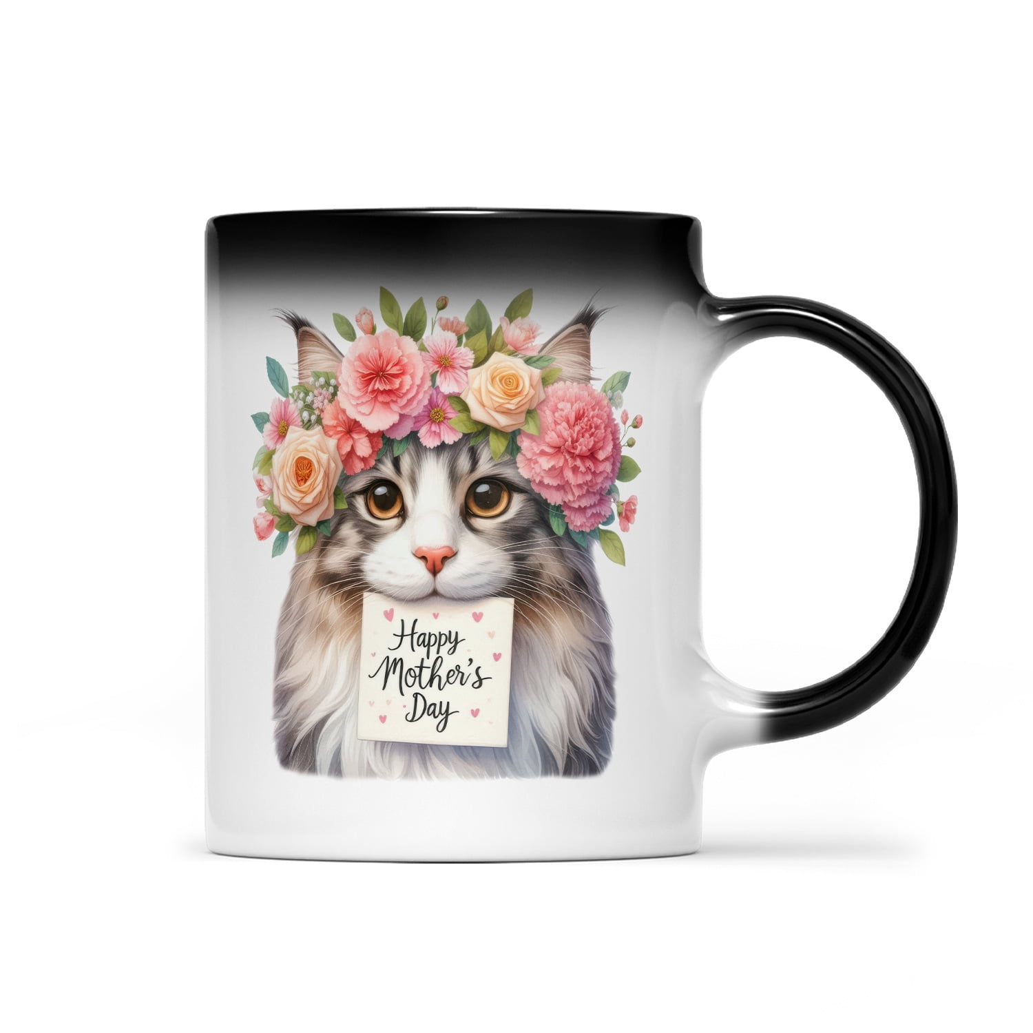 Happy Mother's Day Maine Coon with Flower Crown and Greeting Card Heat Color Changing Mug Cat Lover Kitten Owner Gifts Magic Coffee Mug - 13004