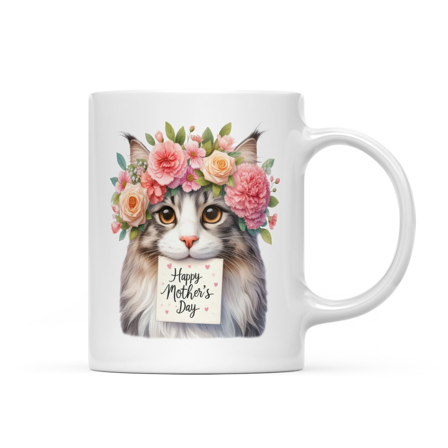 Happy Mother's Day Maine Coon with Flower Crown and Greeting Card Mug Cat Lover Kitten Owner Gifts Coffee Tea Cup - 13004