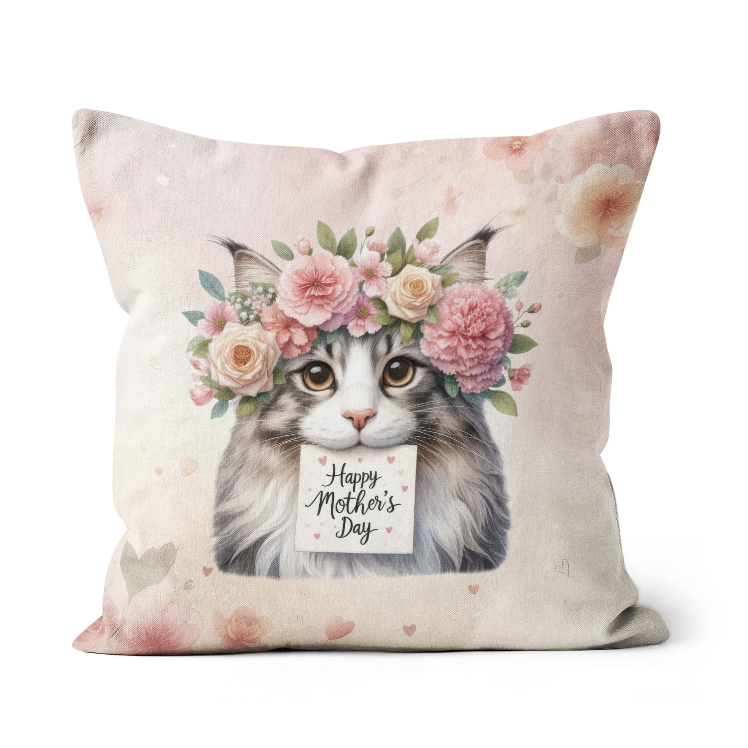 Happy Mother's Day Maine Coon with Flower Crown and Greeting Card Pillow Cushion Double Sided Cat Lover Kitten Owner Gifts Throw Pillow - 13004