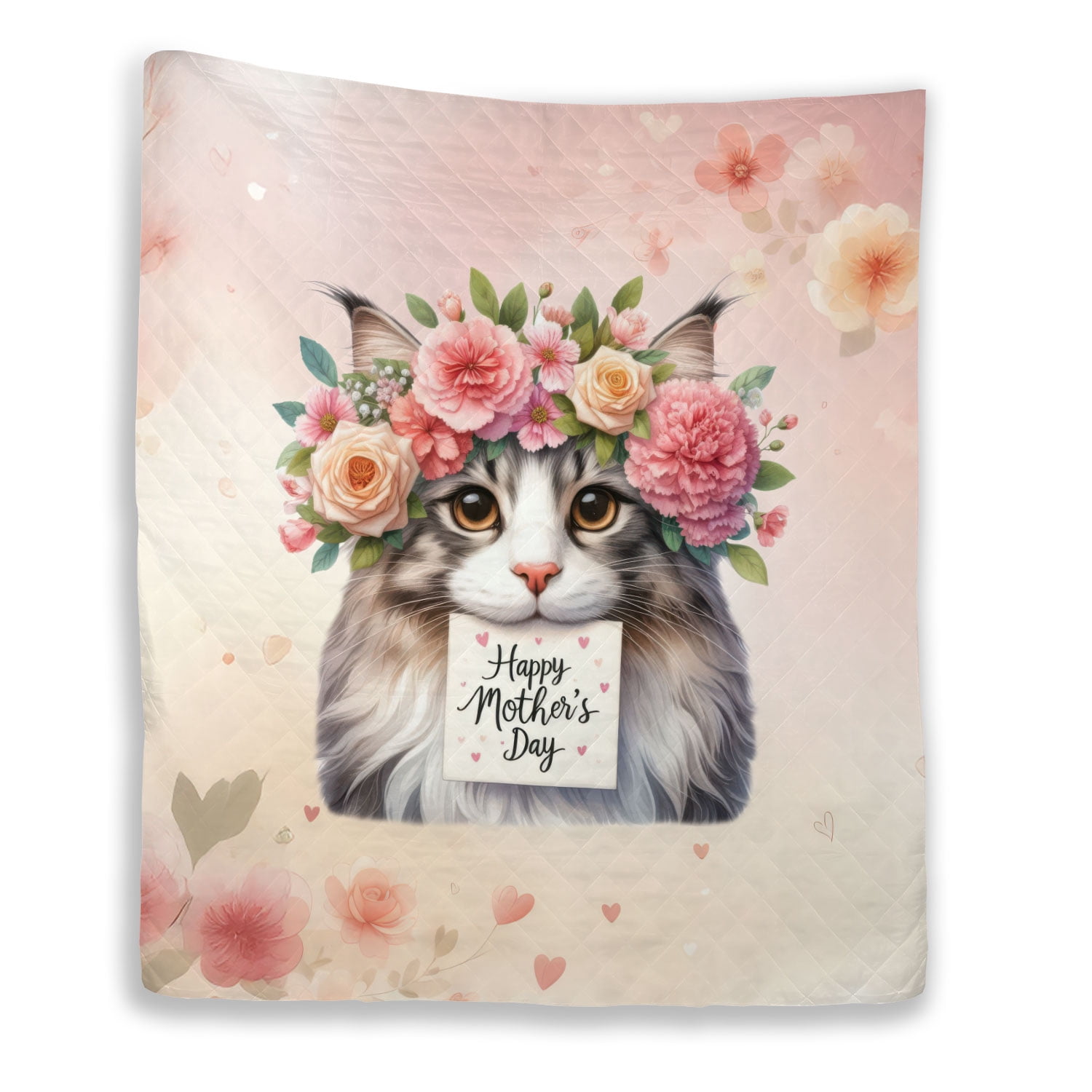 Happy Mother's Day Maine Coon with Flower Crown and Greeting Card Quilt Blanket Cat Lover Kitten Owner Gifts Cozy Comforter Throw Blanket - 13004