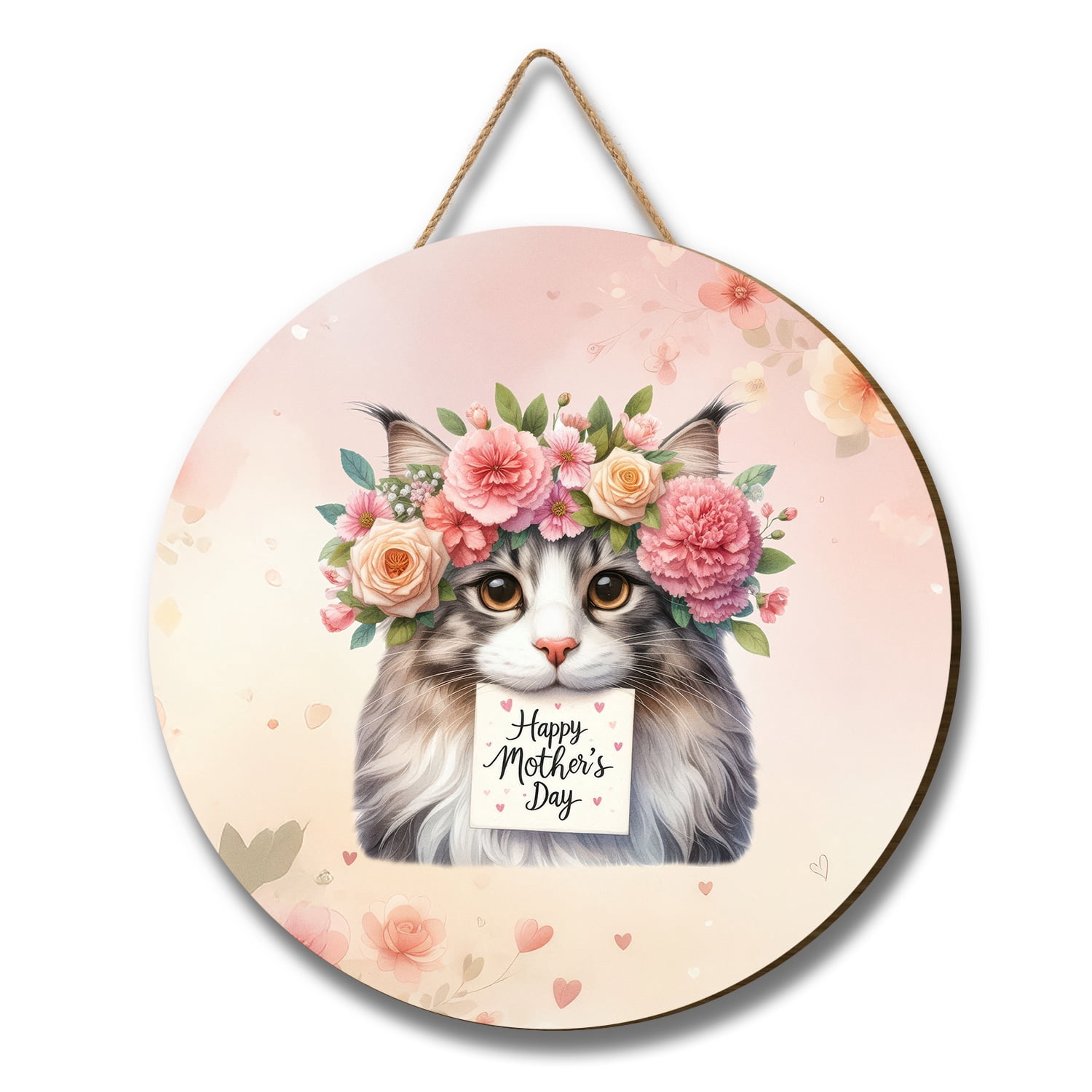 Happy Mother's Day Maine Coon with Flower Crown and Greeting Card Round Wood Sign Cat Lover Kitten Owner Gifts Hanging Wall Home Decor - 13004