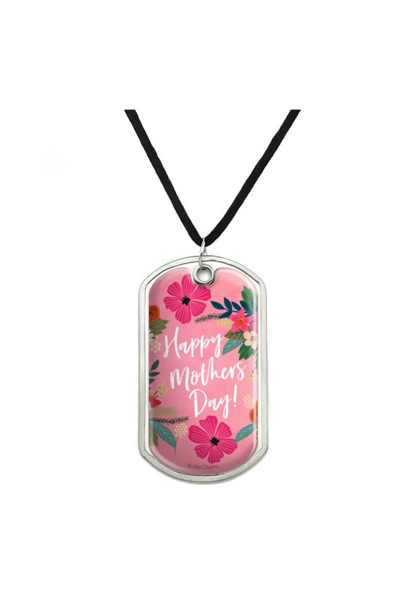 Happy Mother's Day Mom with Flowers Military Dog Tag Pendant Necklace with Cord