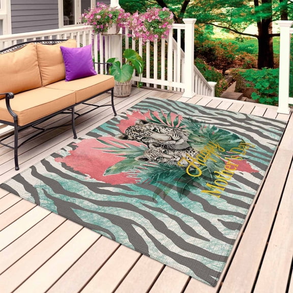 Happy Mother's Day Outdoor Rug 3x5 Ft, Non Slip Washable Area Rug, Leopards Teal Abstract Art Patio Rugs Carpet Runner, Large Floor Mat for Indoor/Outdoor Deck Porch Camping