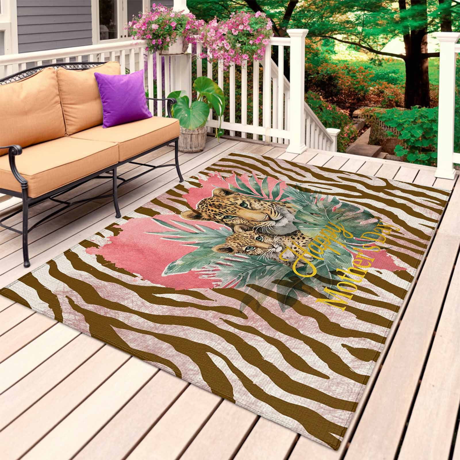 Happy Mother's Day Outdoor Rug 4x6 Ft, Non Slip Washable Area Rug, Leopards Brown Abstract Art Pink Patio Rugs Carpet Runner, Large Floor Mat for Indoor/Outdoor Deck Porch Camping