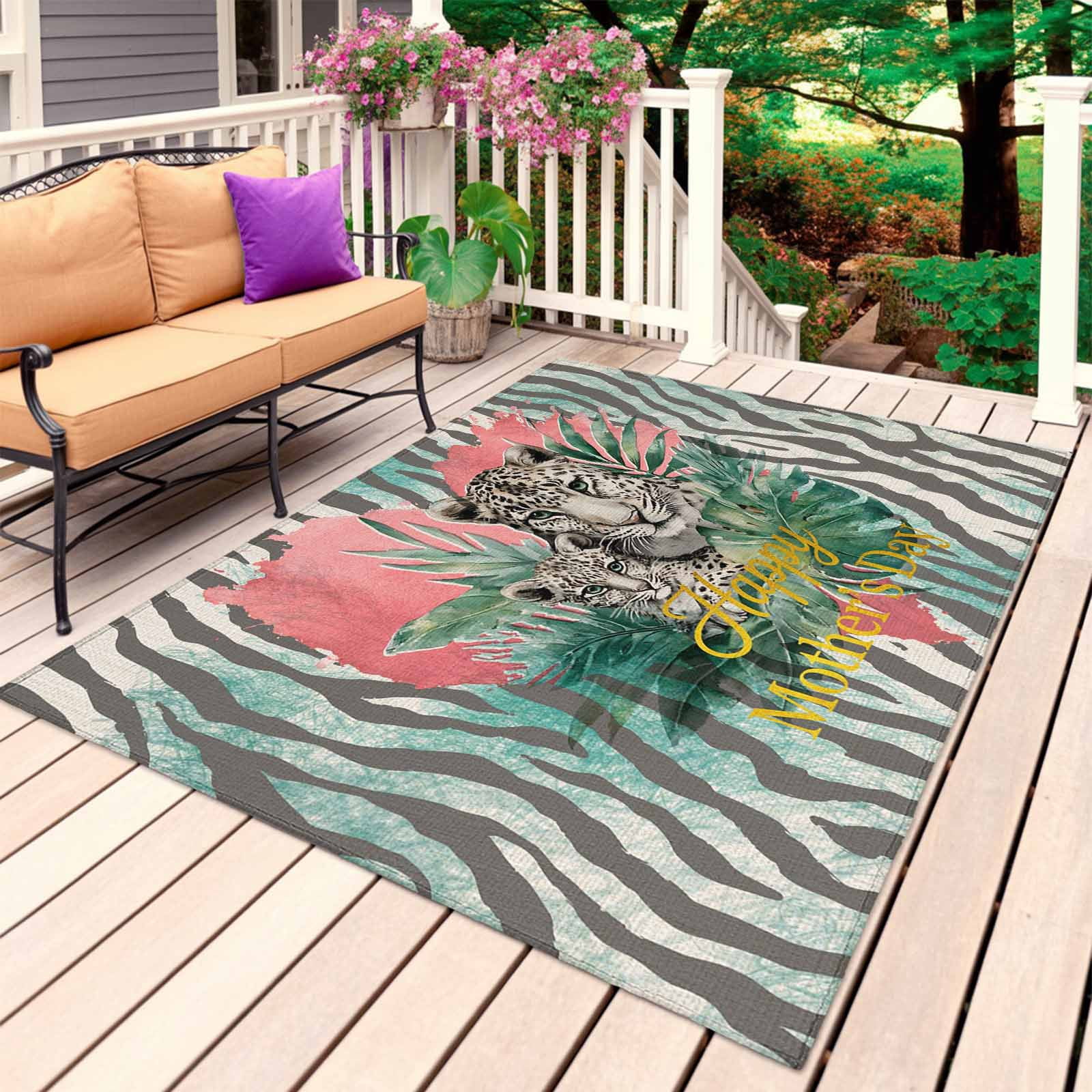 Happy Mother's Day Outdoor Rug 4x6 Ft, Non Slip Washable Area Rug, Leopards Teal Abstract Art Patio Rugs Carpet Runner, Large Floor Mat for Indoor/Outdoor Deck Porch Camping