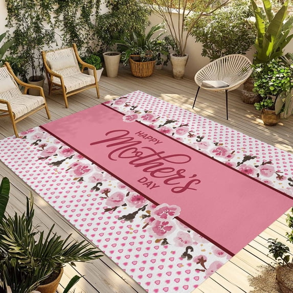 Happy Mother's Day Outdoor Rug 5x7 Ft - Reversible Patio Rug Outdoor Camping Rugs, Farmhouse Pink Floral Love Heart Washable Indoor Outdoor Area Rugs, Non-Slip Outdoor Carpet Runner for Deck/Porch