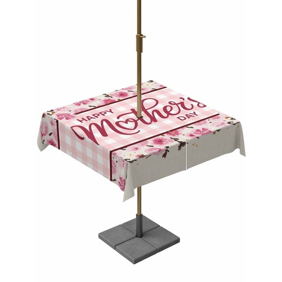 Happy Mother's Day Outdoor Tablecloth - 54x54 Inch Square Dining Table Cover, Pink Floral Buffalo Plaid Burlap Waterproof Outdoor Table Cloth with Umbrella Hole & Zipper for Picnic/Patio/Party
