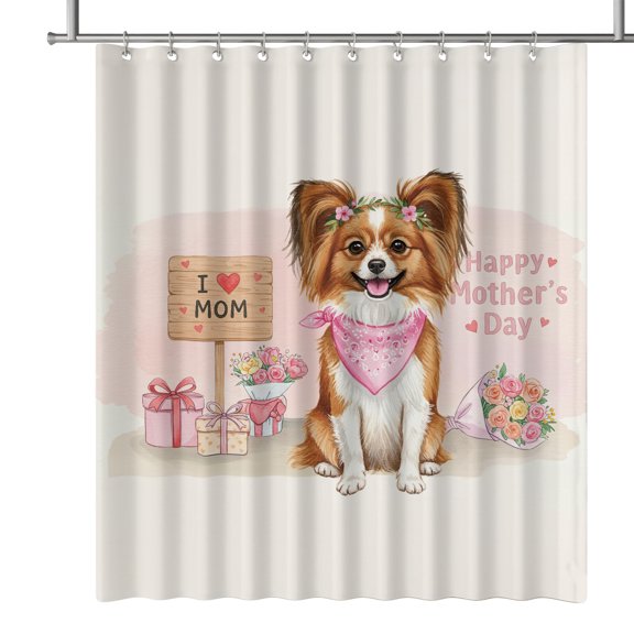 Happy Mother's Day Papillon Love Dog Mom Heart Flower Shower Curtain Pap Butterfly Dog Lover Waterproof Bathroom Bathtub Curtain - 12004