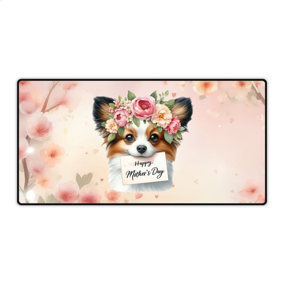 Happy Mother's Day Papillon with Flower Crown and Greeting Card Desk Mat Full Keyboard Mouse Pad Pap Butterfly Dog Lover Large Mousepad - 13004