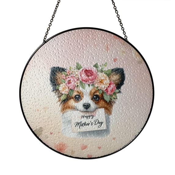 Happy Mother's Day Papillon with Flower Crown and Greeting Card Stained Glass Suncatcher Pap Butterfly Dog Lover Window Hanging Sign Decor - 13004