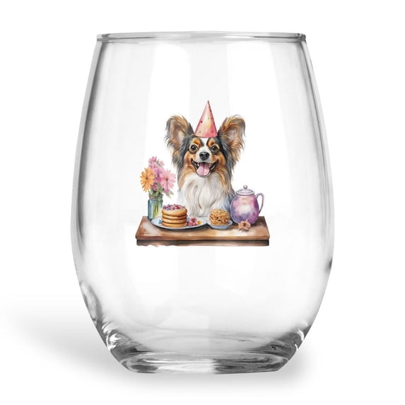 Happy Mother's Day Papillon with Sweets and Flowers at a Picnic 15oz Stemless Wine Glass Mug Pap Butterfly Dog Lover Wine Glasses Cup - 13005