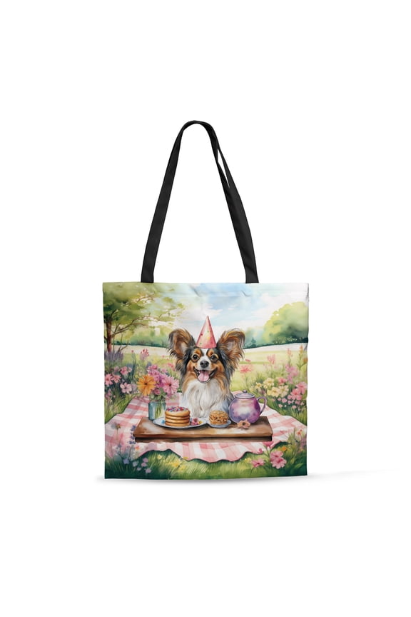 Happy Mother's Day Papillon with Sweets and Flowers at a Picnic All Over Print 3D Canvas Tote Bag Pap Butterfly Dog Lover Reusable Handbag - 13005