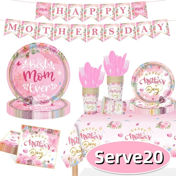 Happy Mother's Day Party Supplies Plates Napkins Cups Tablecloth Disposable Spring Flowers Dinnerware Tableware Set for Mom Party Favors Serve 20 Design1