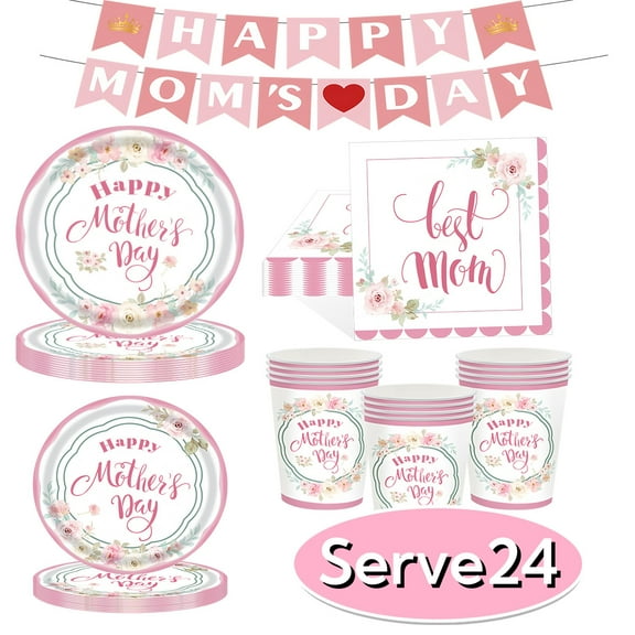 Happy Mother's Day Party Supplies Plates Napkins Cups Tablecloth Disposable Spring Flowers Dinnerware Tableware Set for Mom Party Favors Serve 24 Design3