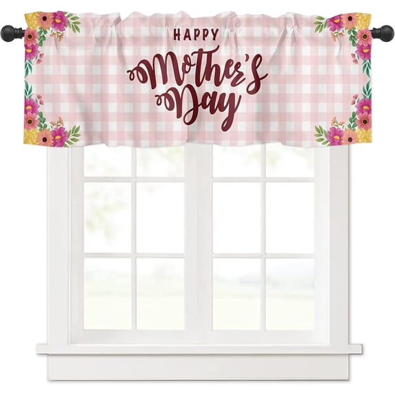 Happy Mother''s Day Pink Plaid Valance Curtains for Kitchen Windows Florals Pink White Buffalo Plaid Curtain Valances Decor Short Rod Pocket Window Treatment Drapes for Kitchen Bedroom 54x18in